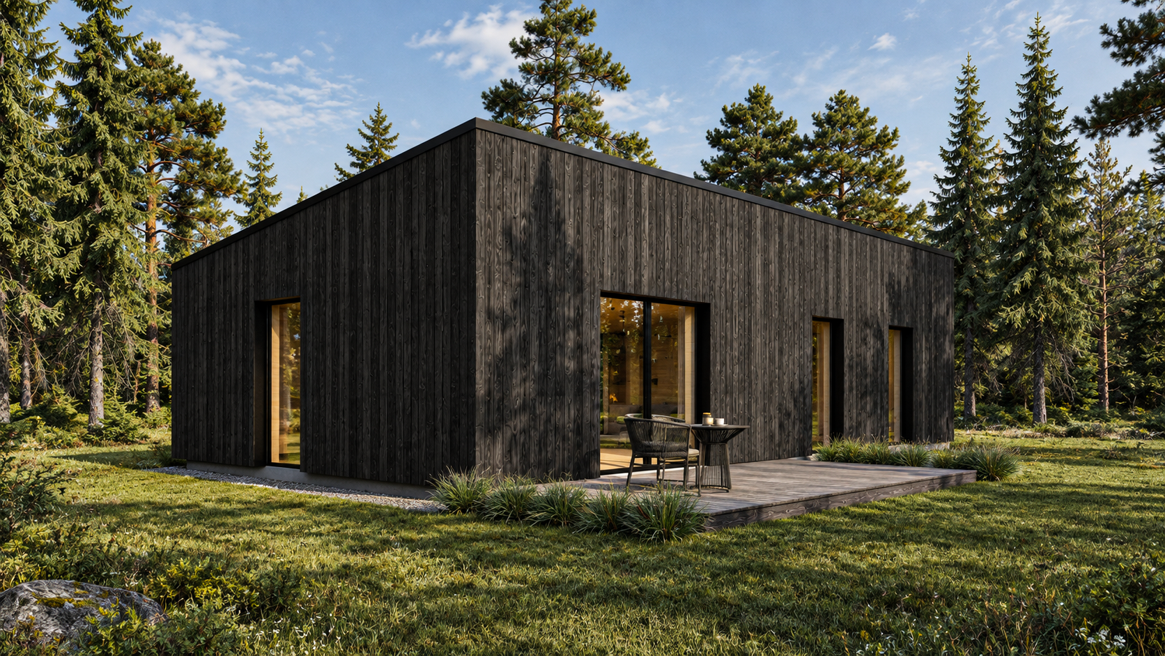 Ready designed solid timber house with single-pitch roof, exterior 3D view